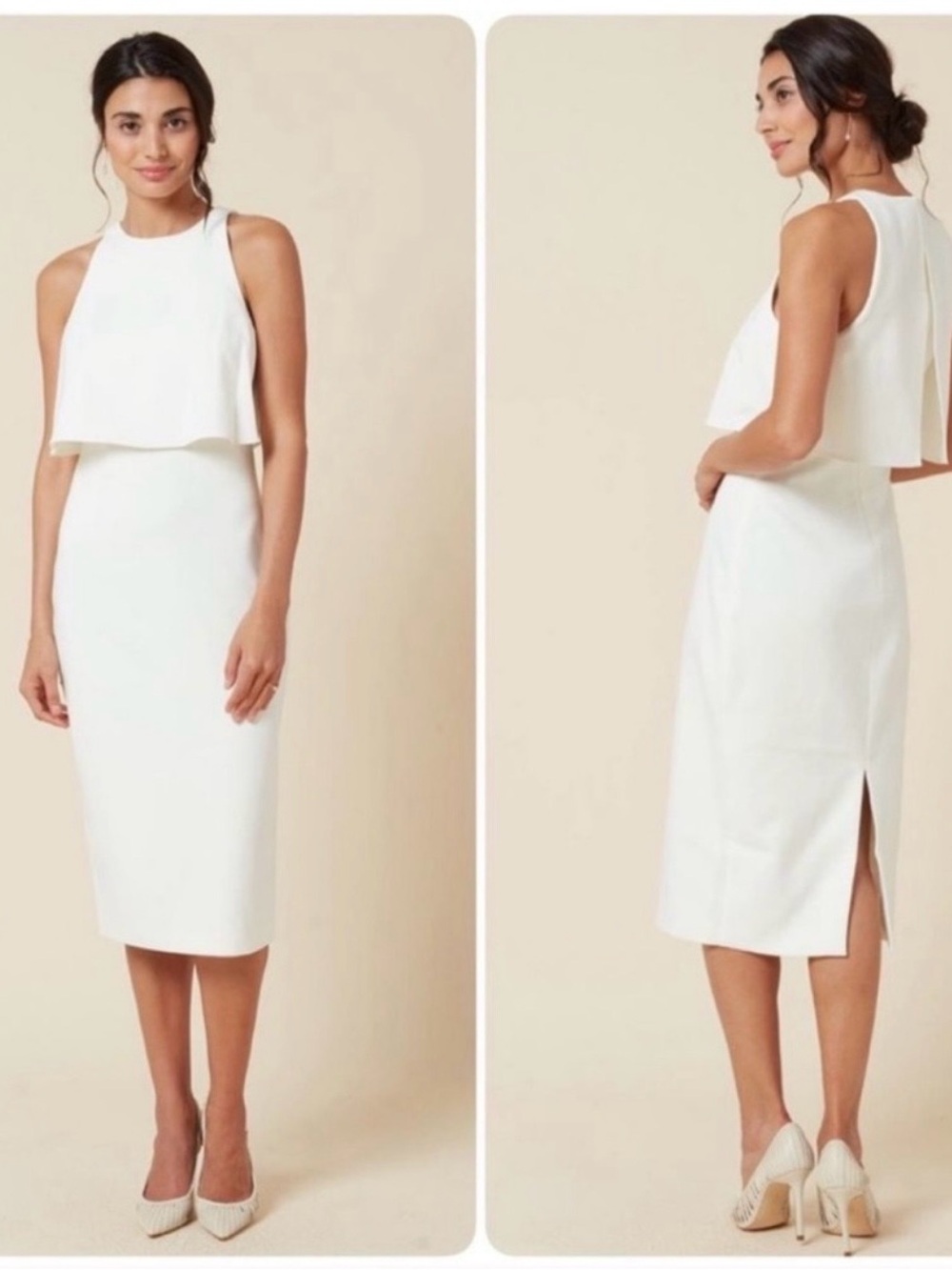 Size 6 Likely Shayna White Sleeveless Midi Dress with Layered Bodice
